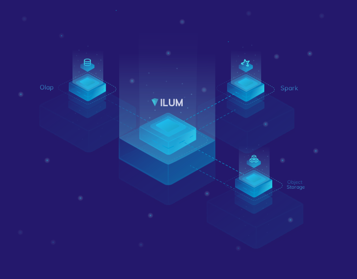 Ilum data lakehouse dashboard showing multi-engine SQL execution, table catalogs, and column-level lineage