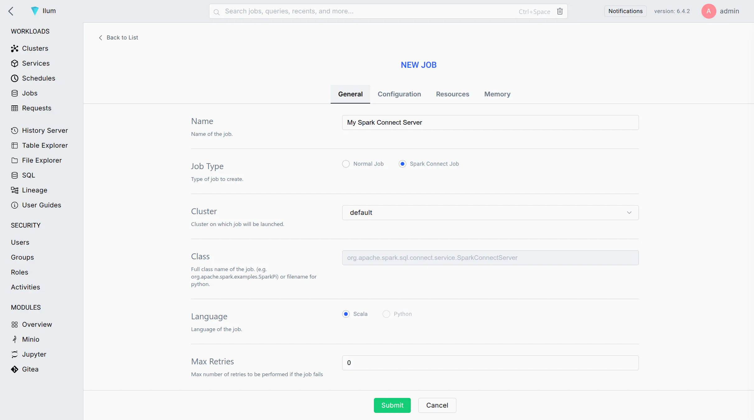 Job form with Spark Connect option Job form with Spark Connect option